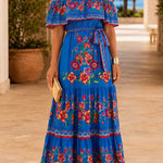 Margovil Off Shoulder Bow Waist Floral Print Ruffle Maxi Dress