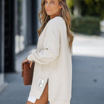Letter Patch Detail Long Sleeve Drop Shoulder Pullover Sweatshirt Casual Zipper Side Slit Top