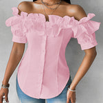 Ruffles Off Shoulder Short Sleeve Button Front Blouse Asymmetrical Hem Top