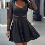 Women's Glitter Mesh Dress Lace Patchwork Sheer Mini Dress Sexy High Waisted A Line Party Dress