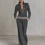 Fashionable Sporty Grey Half-zip Button Sweatshirt And Wide-leg Pants Set