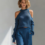 Women's Blue Elegant Ribbed Knit Cold - Shoulder Sweater And Wide - Leg Pants Set