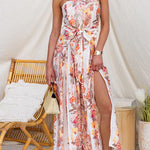 Strapless Floral Print Tie Waist Split Wide Leg Jumpsuit