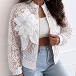 Women's Sheer Lace Bomber Jacket Lightweight Mesh See Through Crop Coat with Detachable 3D Floral