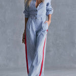 Casual Fashion Lapel Button-front Light Blue Striped Jumpsuit