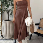 Strapless Pleated Faux Leather Midi Dress(2 Colors Available!)