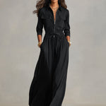 Women's Black Woven Maxi Dress With Cargo Pockets & Drawstring Waist, Timeless Casual-Chic Style Dress