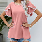Pom-Pom Trim Flutter Sleeve Round Neck Tee Casual Blouses Tops