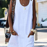 Solid Color Cotton Linen Sleeveless Loose Knee Beach Dresses