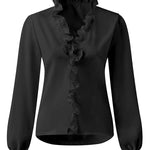 Puff Sleeves Falbala Solid Color V-Neck Blouses