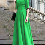 Half Sleeves High Waisted Solid Color Tied Waist V-Neck Maxi Dresses