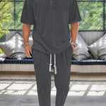 KZZ Men's Textured Drop-Shoulder Collar T-Shirt Two-Piece Set