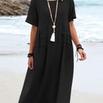 Solid Color Round Neck Short Sleeve Midi Dress Summer Holiday Casual Maxi Sundress
