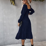 Solid Square Neck Bishop Sleeve Flounce Hem Dress