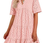 Women's V Neck Short Sleeve Hollow Out Mini Vacation Dress