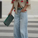 Short Sleeves Button Up Cherry Decorative Knit Sweater