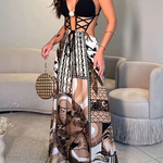 Strap Cross Design Patchwork Printed Elastic Waist Backless Jumpsuit