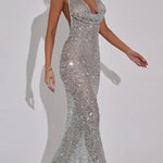 Shine All Night Sheer Sequin Cowl Neck Halter Maxi Dress