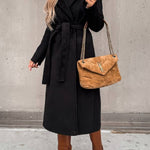 Lapel belted long wool coat