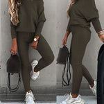 2 Pieces Outfit Skew Neck Long Sleeve Loose Pullover Top and Drawstring High Waist Slim Fit Pants Set