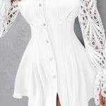 Turn-down Collar Water-Soluble Lace Long Sleeve Button Down Shirt Dress Casual Flared Cuffs Ruched Cinched Waist Vacation Dress