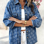 Vintage Heart Jacquard Turn-down Collar Button Front Asymmetrical Hem Jacket Casual Flap Pockets Design Washed Denim Coat