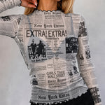 Women's Sheer Mesh Vintage Newspaper Print Mock Neck Frill Trim Long Sleeve Top