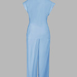 2 Pieces Outfit Turn-down Collar Cap Sleeve Button Front Tied Detail Top and Casual Zipper Fly Elastic Back Waist Wide-Leg Pants Set