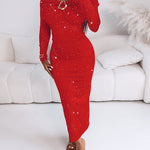 Off Shoulder Long Sleeve Chic Mental Buckle Ruched Mid-Calf Dress