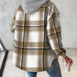 Plaid Print Button Front Pocket Design Drawstring Hoodie Jacket Casual Asymmetrical Hem Thermal Lined Shirt Coat