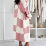 Women's Checkerboard Knit Cardigan Oversized Long Chunky Sweater Loose Lantern Sleeve Coat with Pockets