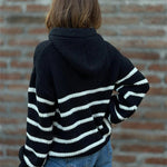 Women's Striped Henley Drawstring Hooded Sweater Loose Fit Lantern Sleeve Knit Pullover