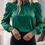 Women's Satin Blouse Mock Neck Puff Sleeve Shirt Back Tie Bow Elegant Ruched Shirt Shirred Frill Cuff Work Top