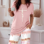 2 Pieces Outfit Letter Print Round Neck Short Sleeve Top And Tie Dye Print Elastic Waist Loose Fit Pants Set Casual Pajamas Set