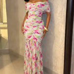 Floral Print Foldover Off Shoulder Ruched Maxi Dress Elegant Mermaid Hem Party Dress