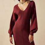 Nadorine Women's Casual Solid Color Knitted Dress V-neck Sweater Dress