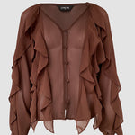 V Neck Shoulder Ruffles Design Blouse Casual Button Front Long Sleeve Top