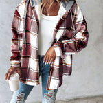 Plaid Pattern Long Sleeve Shacket Button Down Fleece Lined Hooded Jackets Warm Coat