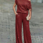 Women's Two-Piece Rhinestone Lounge Suit Skew Neck Top and Wide-Leg Pant Set Elegant Commuter Outfit with Pockets