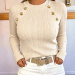 Women's Gold Button Crew Neck Textured Knit Long Sleeve Top