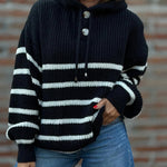 Women's Striped Henley Drawstring Hooded Sweater Loose Fit Lantern Sleeve Knit Pullover
