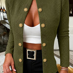 Women's Stand Collar Embossed Textured Jacket Double Breasted Gold Button Decor Coat