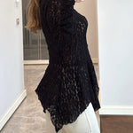 Lace Trim V Neck Button Front Blouse Elegant Asymmetrical Ruffle Hem Top