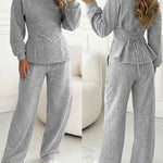 Women's 2 Piece Sweatsuit Set Long Sleeve Back Lace Up Pullover and High Waist Wide Leg Pants Lounge Tracksuit with Pockets