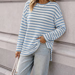 Women's Striped Textured Knit Long Sleeve T-Shirt Casual Side Slit Loose Fit Top