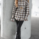 Women's Vintage Plaid Flared Ruffle Cuff Mid-Length Shirt with Elastic Belt