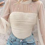 Pearls Decor Mock Neck Sheer Mesh Spliced Ruched Tee Hollow-out Back Slim Fit Textured Top