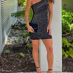 Women's One Shoulder Rhinestone Sheer Mesh Bodycon Mini Dress