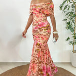 Women's Foldover Off Shoulder Mermaid Dress Ruched Bodycon Leopard Floral Maxi Dress Sexy Tropical Vacation Dress