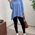 Women's Asymmetric Hem Long Sleeve Top Loose Fit Dropped Shoulder Crewneck Soft Slouchy Casual Tee